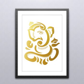Gold foiled Ganesh wall art on White paper in a Black frame