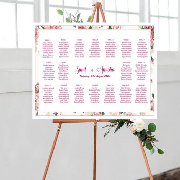A simplistic floral wedding seating chart.  This seating chart has a thin rectangular floral border around it.