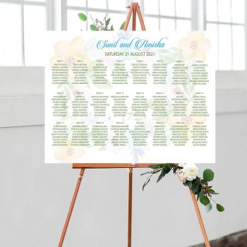 A summer themed floral watermarked wedding seating chart