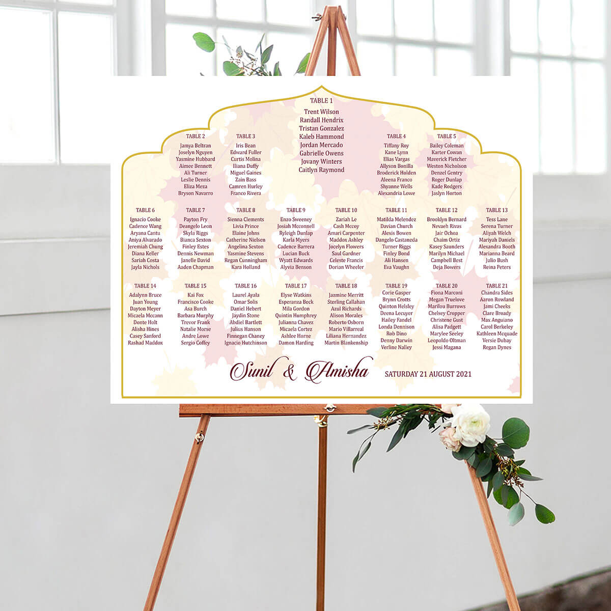 Leaf Background Wedding Seating Chart, Arch Cut – 1