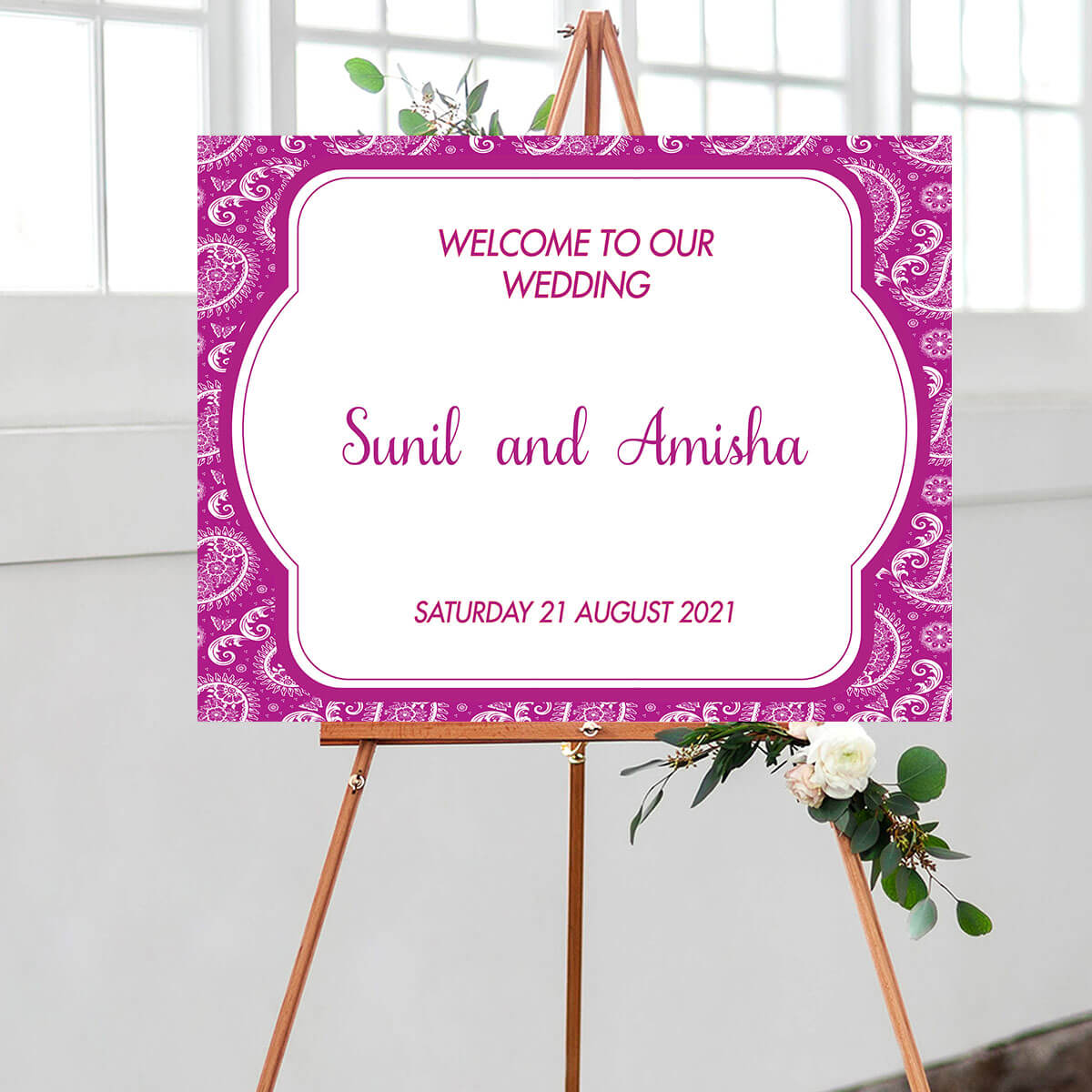 Paisley Wedding Welcome Sign, Purple – 1