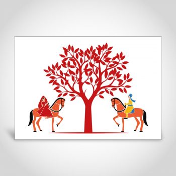 Indian wedding card with bride and groom on horses