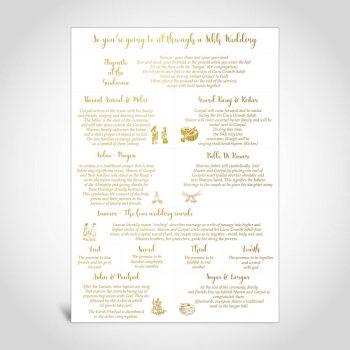 A Sikh order of service / order of events foiled using real gold foil on White card.