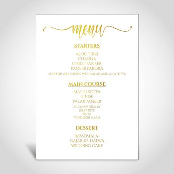 Wedding Menu Card, Gold Foiled