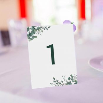 Wedding table number with eucalyptus design