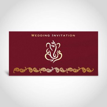 Hindu wedding card with Ganesh, dark red, gold foiled