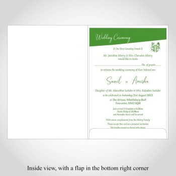 Indian wedding card - A5 white - inside view - Green text and design
