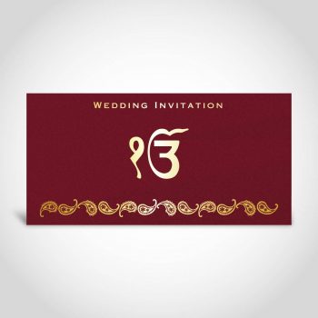 Sikh wedding card, dark red with Ek Onkar symbol