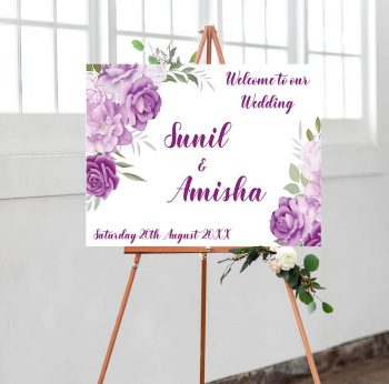 Purple floral wedding welcome sign