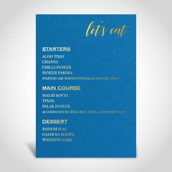 Wedding menu card - royal blue, gold foiled
