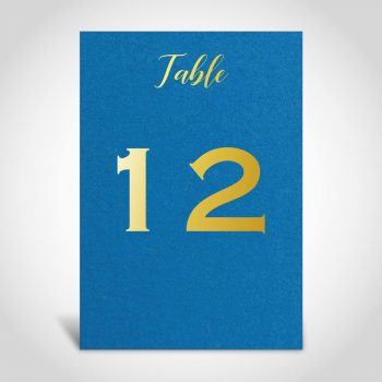 Wedding table number, gold foiled, pearlescent royal blue