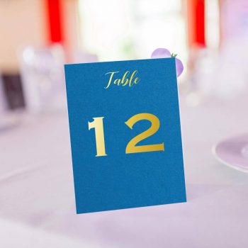 Wedding table number, gold foiled, pearlescent royal blue