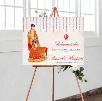 Wedding welcome sign with garlands, couple and date of wedding