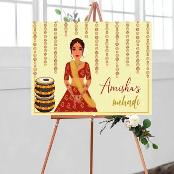 Mehndi welcome sign with bride