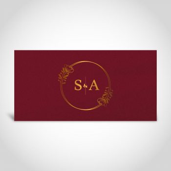 Dark red pearl card with couples initials in a wreath - gold foiled