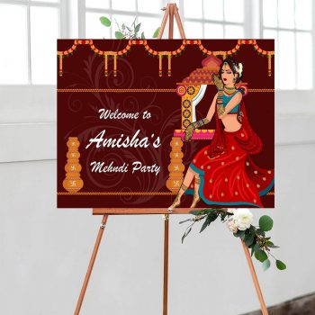 Mehndi sign with Indian bride showing off her Mehndi