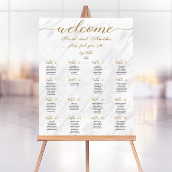Marble effect wedding seating chart with gold writing