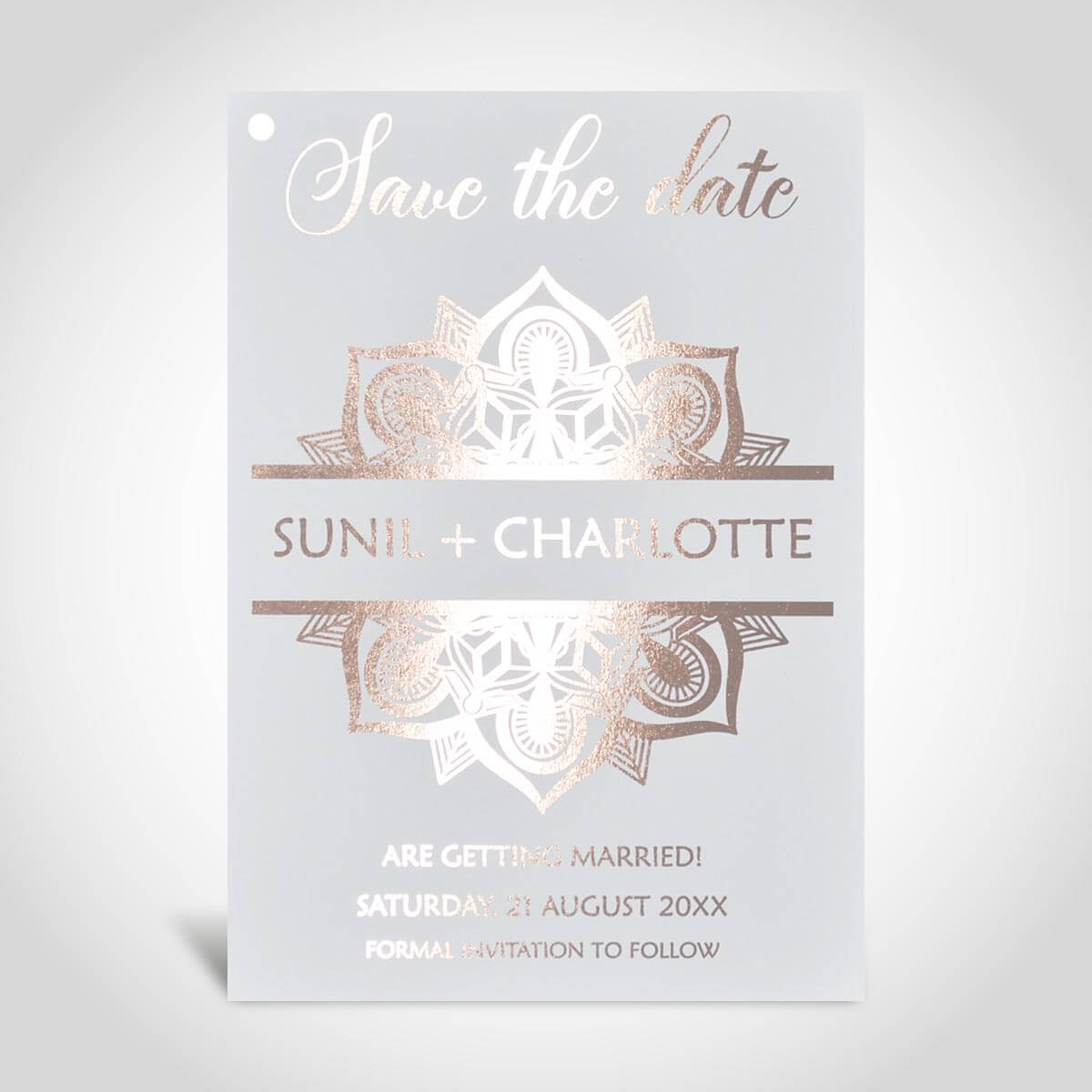 ID 2 – Rose Gold foil on White card
