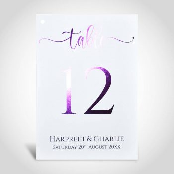 Purple foiled personalised table number on White A5 card