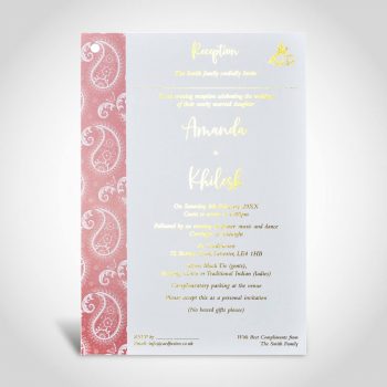 Digital printed and gold foiled Reception invitation on White A5 card