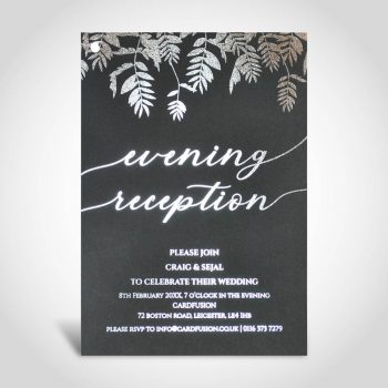 Silver foiled Reception invitation on Black A5 card