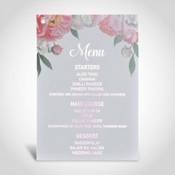 Floral wedding menu with Baby Pink foil on White A5 card