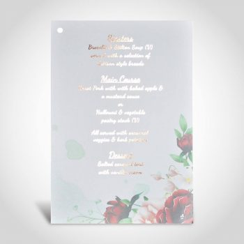 Digital and Rose Gold foiled Table Menu on White A5 card