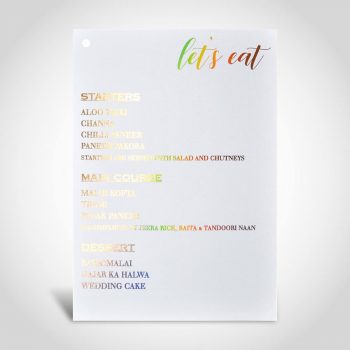 Gold holographic foil table menu on White A5 card