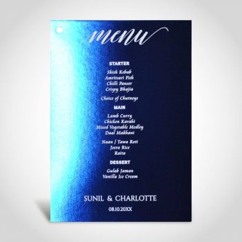 Blue foiled wedding table menu on White A5 card