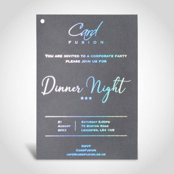 Dinner night or dinner and dance invitation silver holographic glitter foil on Black A5 card