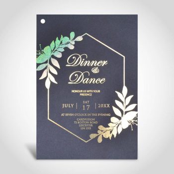 Corporate dinner and dance invitation gold holographic glitter foil on Black A5 card