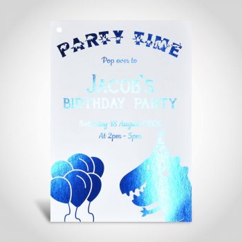 Blue foiled birthday party invitation on White A5 card