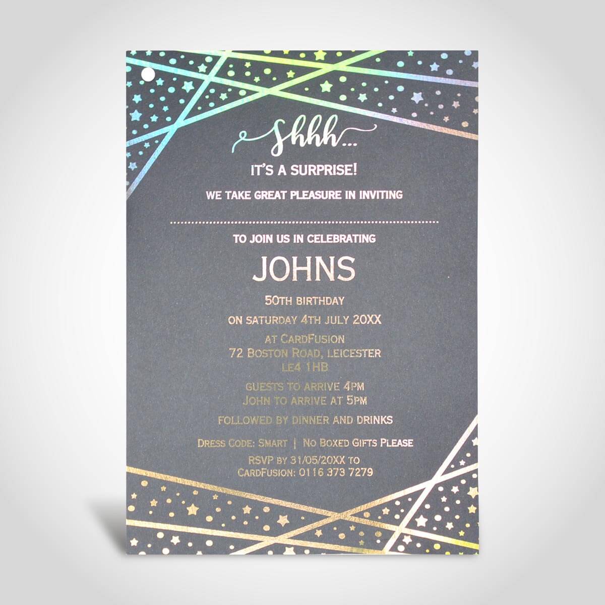 ID 26 – Gold Holographic foil on Black card