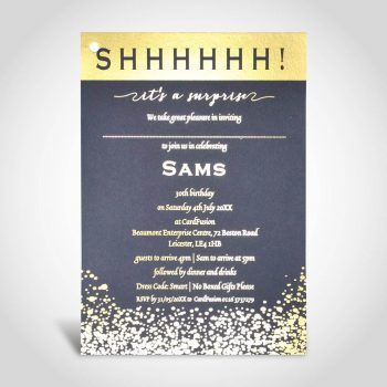 Matt Gold foiled surprise birthday invitation on Black A5 card
