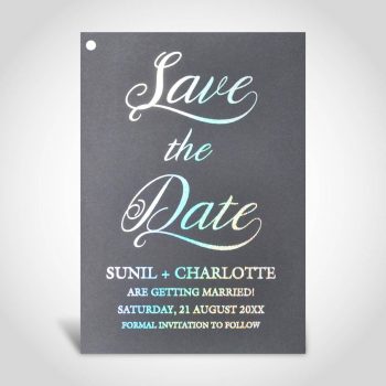 Silver Holographic Foil Save the Date on Black Card