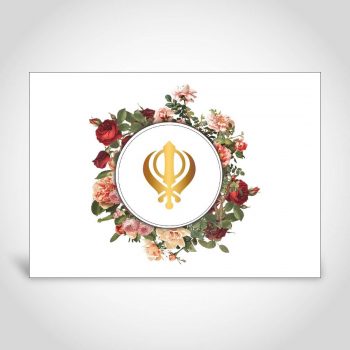 Punjabi wedding card with floral frame and gold foiled Khanda