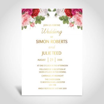 Wedding invitation card with floral borders and gold foiling