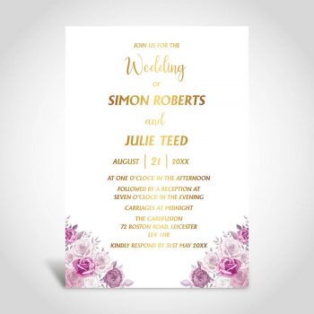 Floral wedding invitation card with gold foiling