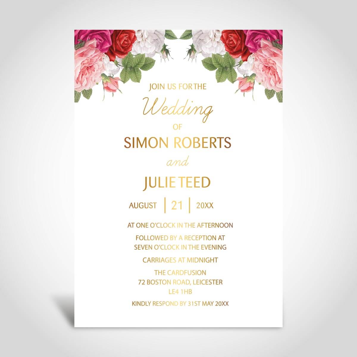 Wedding Invitation Card with Floral Borders and Gold Foiling CFI303