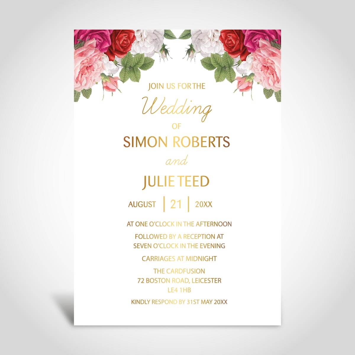 Wedding Invitation Cards with Floral Borders and Gold Foil