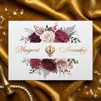Floral Sikh wedding cards with gold foil text, burgundy roses, and gold Khanda symbol for Anand Karaj.