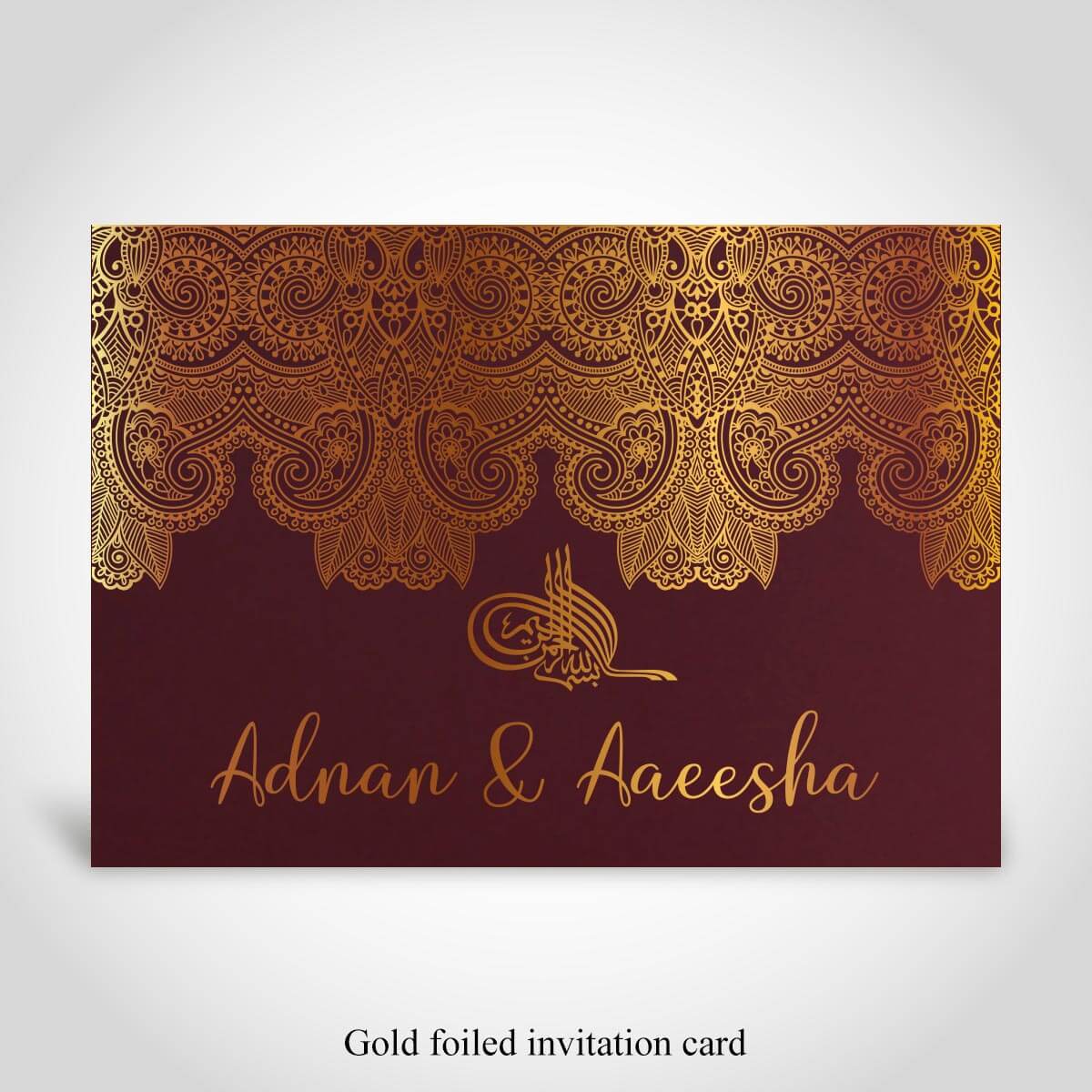 Dark Red, Gold Foiled Muslim Wedding Card – CFM450