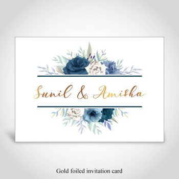 Blue and white floral modern Hindu wedding card with gold foiling