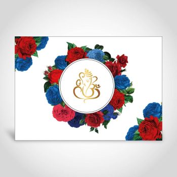 Hindu wedding invite with red and blue wreaths and gold foiled Ganesh