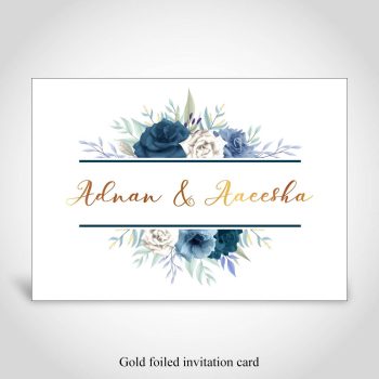 Blue and white floral modern Islamic wedding card with gold foiling