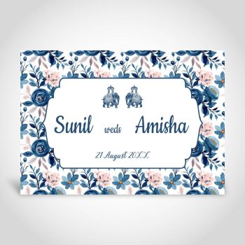 Hindu wedding card, blue and pink floral with elephants