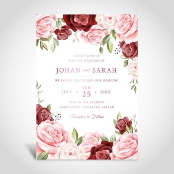Red floral wedding invitation card with rose gold foiling