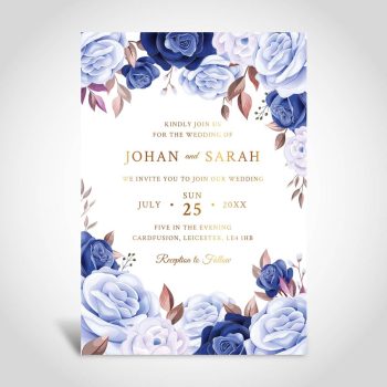 Blue floral wedding invite with gold foiling