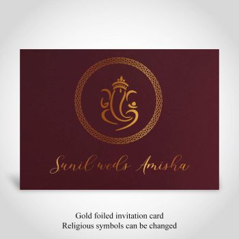 Gold foiled Hindu wedding invitation with Ganesh and names of couple