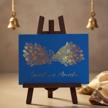 Indian wedding invitations - gold foiled peacock card